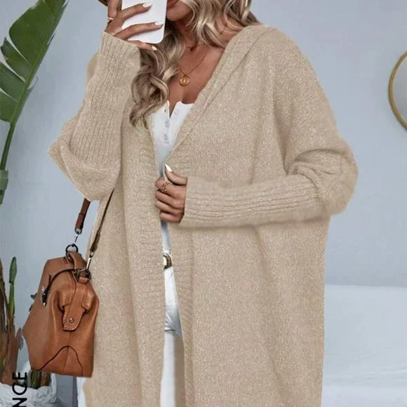 Beige Casual Womens Batwing Sleeve Hooded Duster Cardigan - Picture 2 of 5